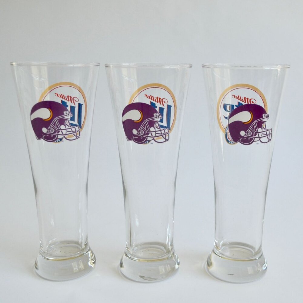 Lot 3 Miller Lite Minnesota Vikings Beer Glasses 8.5" Pilsner Glass NFL Helmet